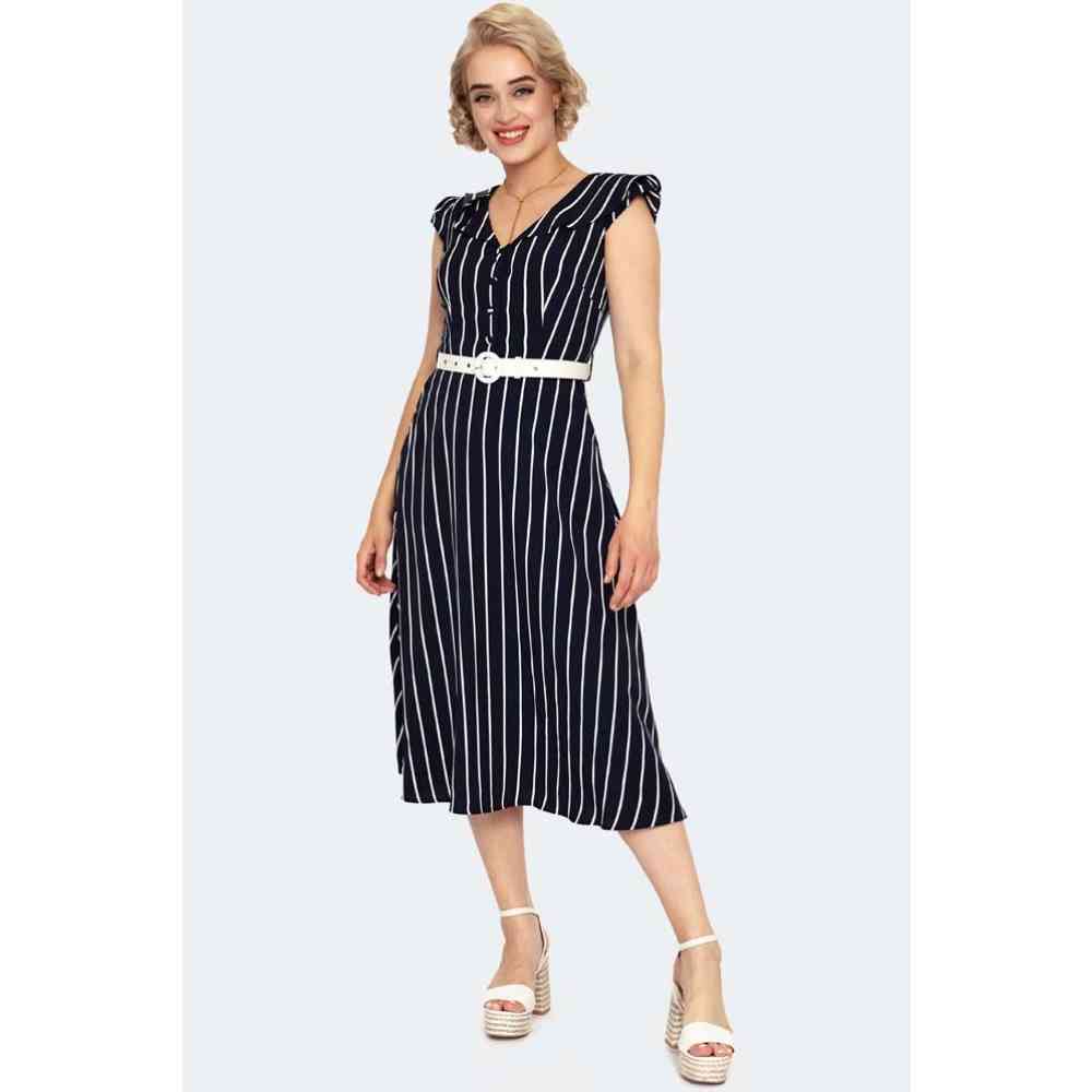 Voodoo Vixen - Stripe Wide Collar Midi Robe évasée - Bleu foncé